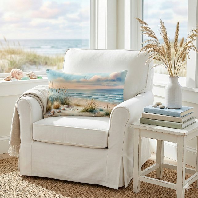 Pastell Kustdyner Akvarell Lumbarkudde (Pastel Coastal Dunes Watercolor Lumbar Pillow Mockup A)
