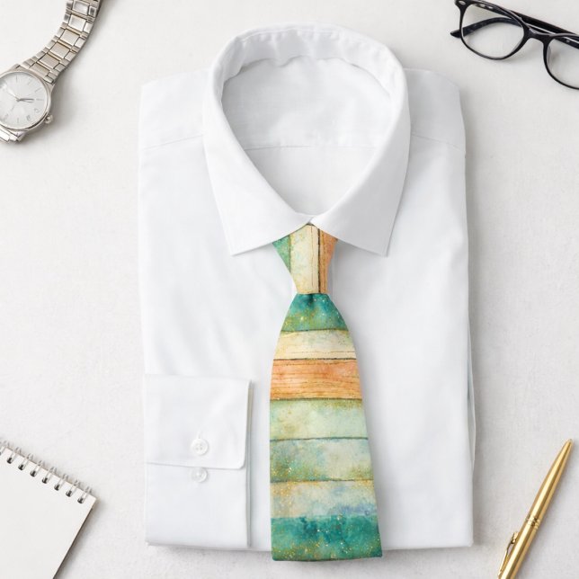 Pastell Kustnära Akvarellränder Teal Persika Guld Slips (Skapare uppladdad)