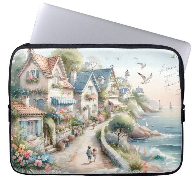 Pastell Landlig Kustby Flykt Laptop Fodral (Framsidan)