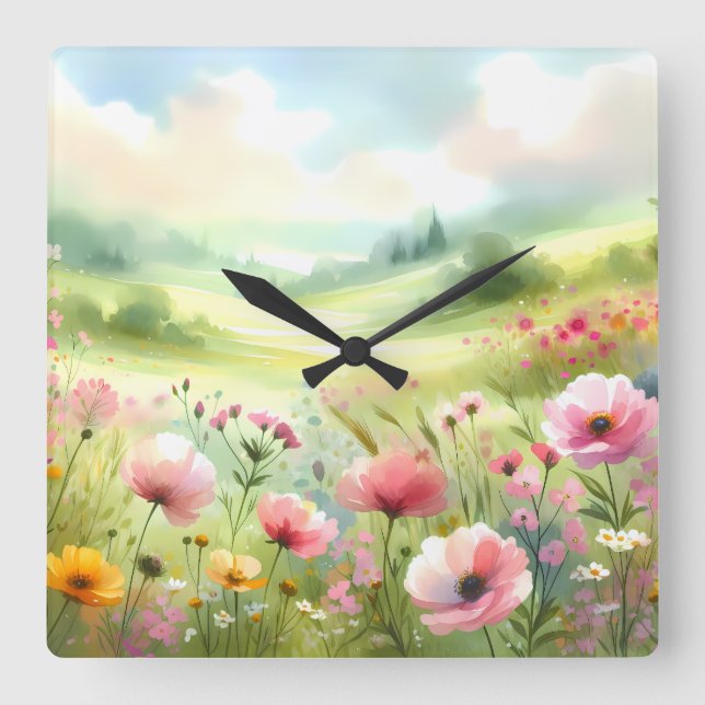 Pastell Landskap av Vildblommoräng Fyrkantig Klocka (Framsida)