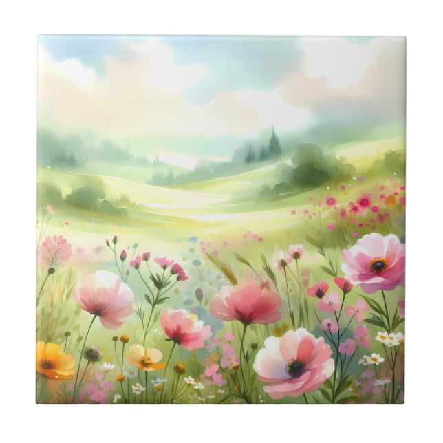 Pastell Landskap av Vildblommoräng Kakelplatta (Framsidan)