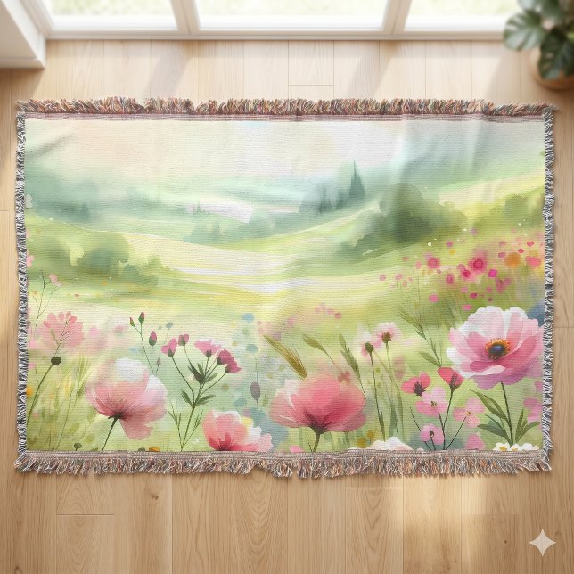 Pastell Landskap med vilda blommor på äng Filt (Pastel Wildflower Meadow Landscape Throw Blanket)