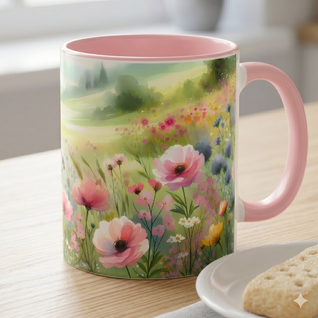 Pastell Landskap med vilda blommor på äng Mugg (Pastel Wildflower Meadow Landscape Mug)