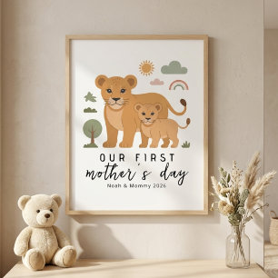 Pastell Lejon Mamma Baby Första Mors Dag Barnkamma Poster