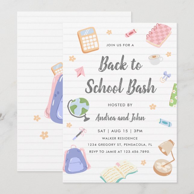 Pastell Lekfull Tillbaka Till Skolan Bash-fest Inbjudningar (Fram/baksida)