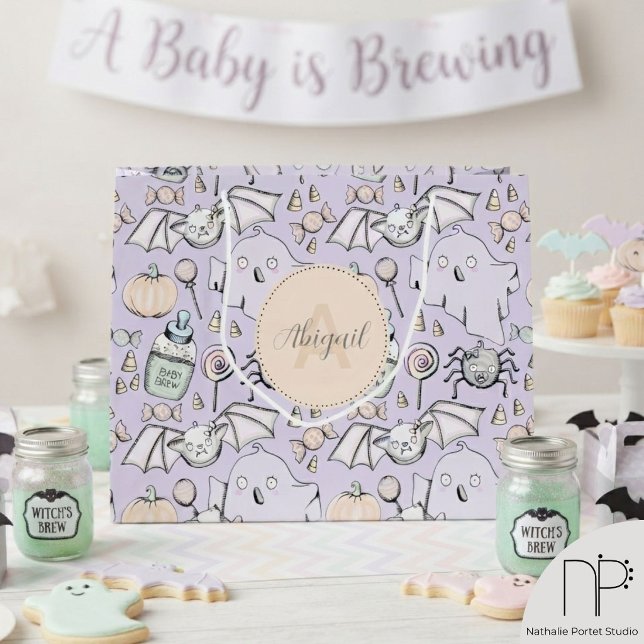 Pastell Lila Baby Halloween Stor Presentpåse (Monogrammed halloween kids large gift bag in pastel purple for october birthday or halloween party)
