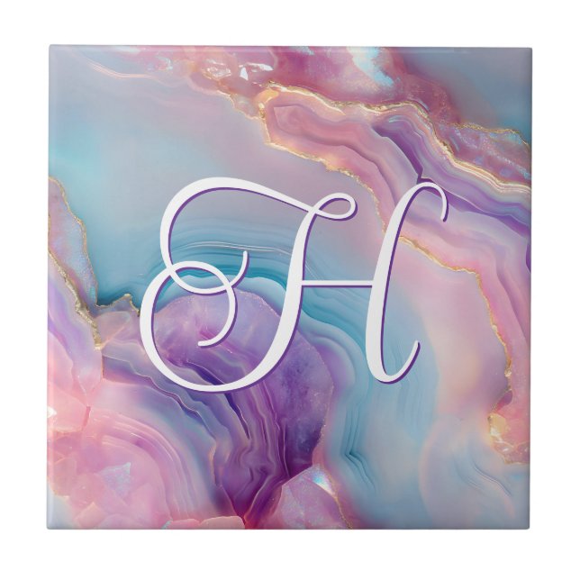 Pastell Lila Blå Rosa Agat Monogram Kakelplatta (Framsidan)