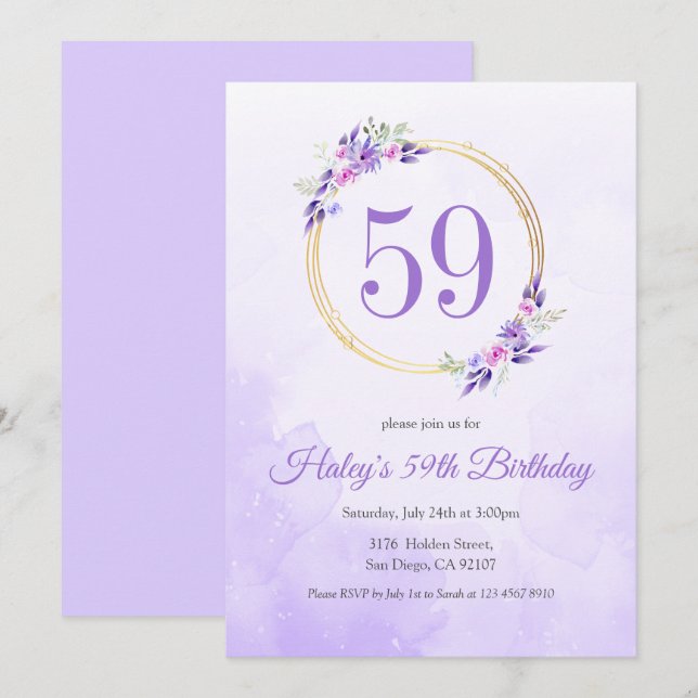 Pastell Lila Blommig Guldkrans 59-årsdag Inbjudningar (Fram/baksida)