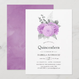 Pastell lila och silver Vintage Rose Quinceañera Inbjudningar
