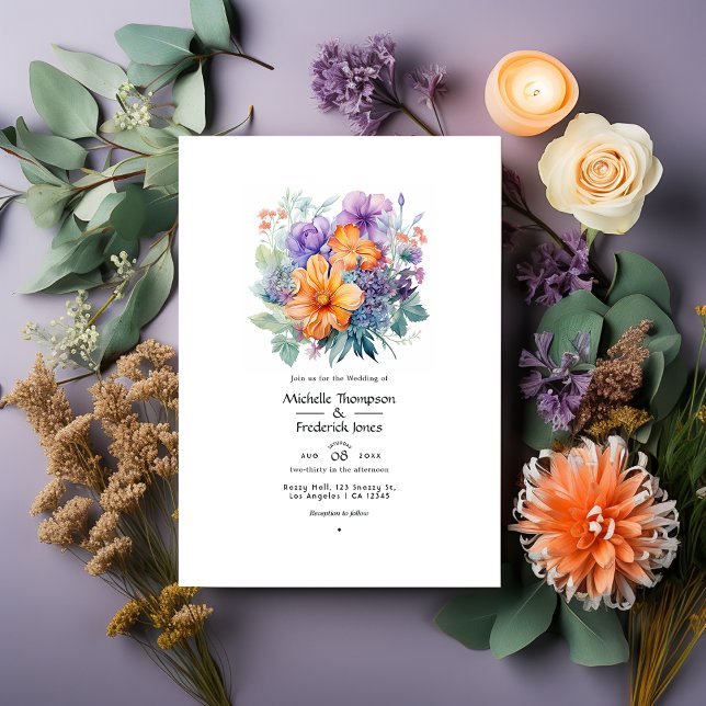 Pastell lila, orange och mint blomsterbröllop inbjudningar (Skapare uppladdad)