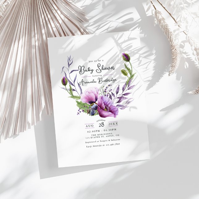 Pastell Lila Vallmo Blommig Krans Babyfirande Inbjudningar (Pastel Purple Poppy Floral Wreath Baby Shower Invitation)
