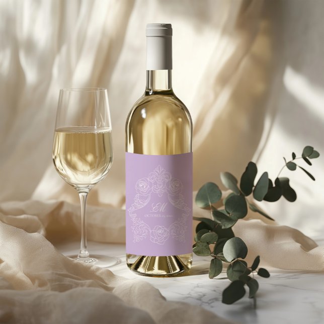 Pastell Lila Viktoriansk Kammuskelmonogram Vinflaska Etikett (Skapare uppladdad)