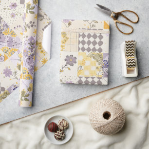Pastell Lilafärgad Gul Quilt Rutig Cottagecore Presentpapper