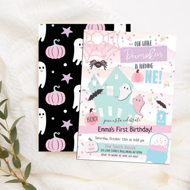 Pastell litet Halloween-pumpa Första födelsedagen  Inbjudningar (Skapare uppladdad)