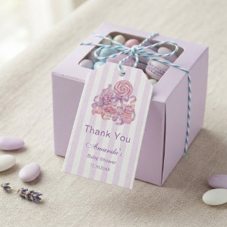 Pastell litet sockerplommon baby shower tack presentetikett
