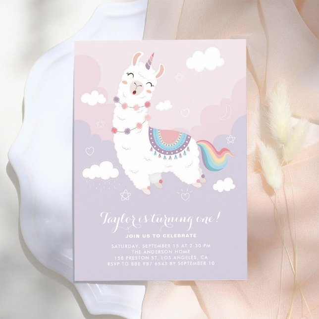 Pastell Llamacorn Regnbåge Första Födelsedag Inbjudningar (Skapare uppladdad)
