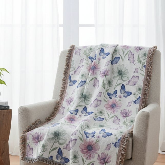 Pastell Lugna Lila Fjäril Trädgård Konst Filt (Butterfly floral throw blanket)