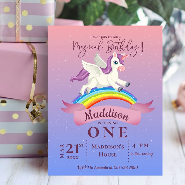 Pastell Magisk Enhörning Tematisk Födelsedagsinbju Vykort (Pastel Magical Unicorn Themed Birthday Invitation Postcard)