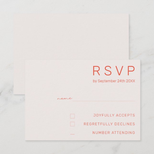 Pastell Minimal Vit och Röd Modern Bröllops-RSVP Inbjudningar (Fram/baksida)