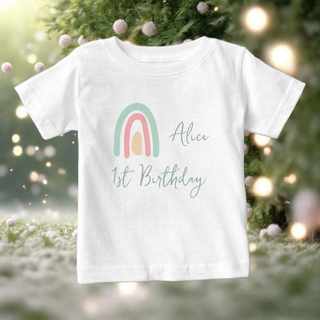 Pastell mintgrön regnbåge 1-års födelsedagsfest  t shirt (Skapare uppladdad)