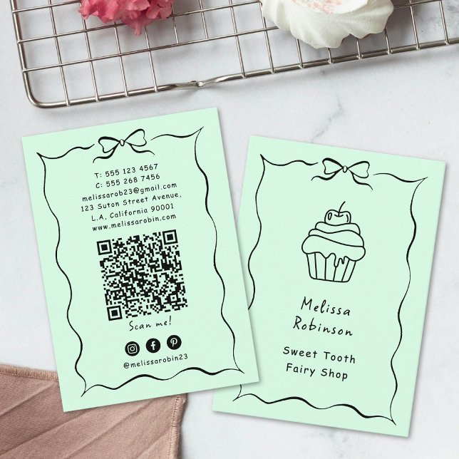 Pastell Mintgrön Sockerkaka, Coquette & QR-kod Visitkort (Skapare uppladdad)