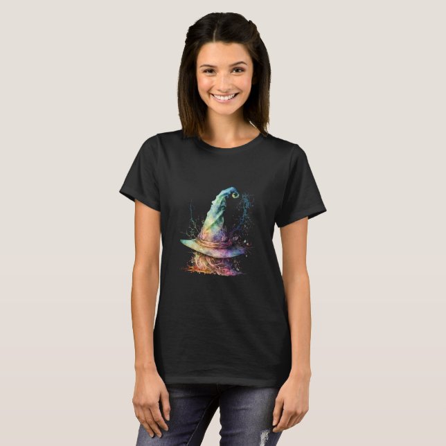 Pastell Modern Häxa Hatt Svart Halloween T Shirt (Hel framsida)