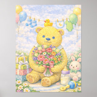 Pastell Nallebjörn med Blommor Poster
