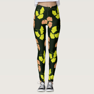 Pastell-Neon Ginkgo blad på svart bakgrund Leggings