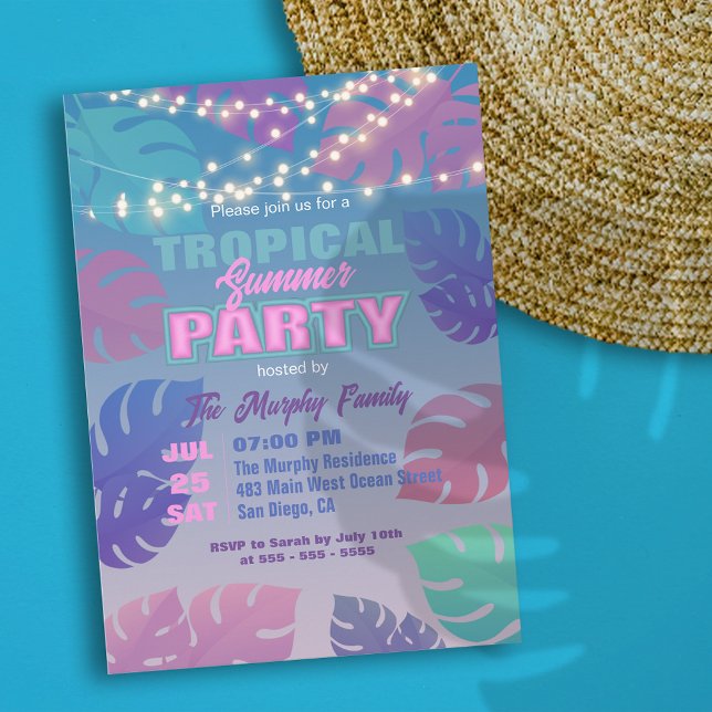 Pastell Neon Tropisk Sommar Poolparty Inbjudningar (Skapare uppladdad)