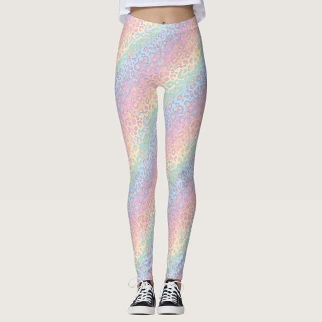 Pastell Opal Regnbåge Leopardtryck Leggings (Framsida)