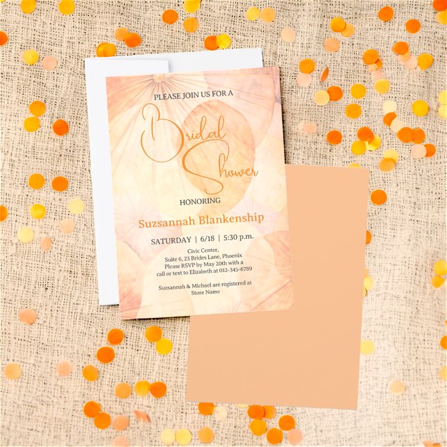 Pastell Orange Abstrakt  Bröllopsdusch Bakgrund  Inbjudningar (front and back view of bridal shower invitation design)