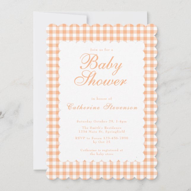 Pastell orange gingham baby shower inbjudan (Framsida)