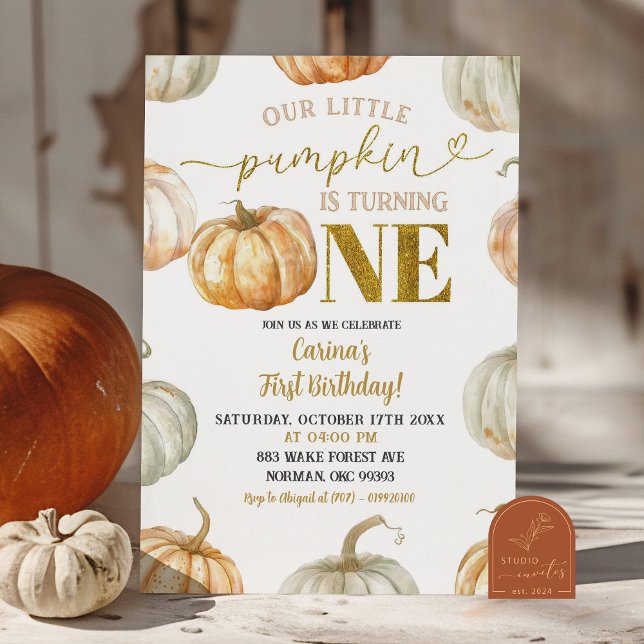 Pastell Orange Och Guld Pumpa Första Födelsedagen Inbjudningar (Skapare uppladdad)