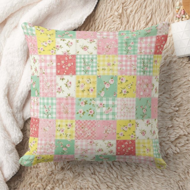 Pastell Patchwork Blommig Gingham Vintage Stuga Kudde (Filt)