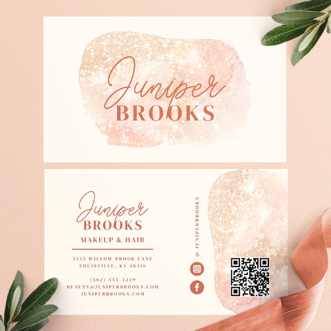 Pastell Persika Social Media QR-kod Glitter Visitkort (Skapare uppladdad)