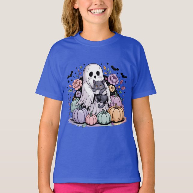 Pastell Pumpa Blommig Halloween T Shirt (Framsida)