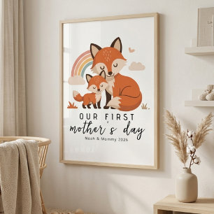 Pastell Räv Mamma Bebis Första Mors Dag Nursery Poster