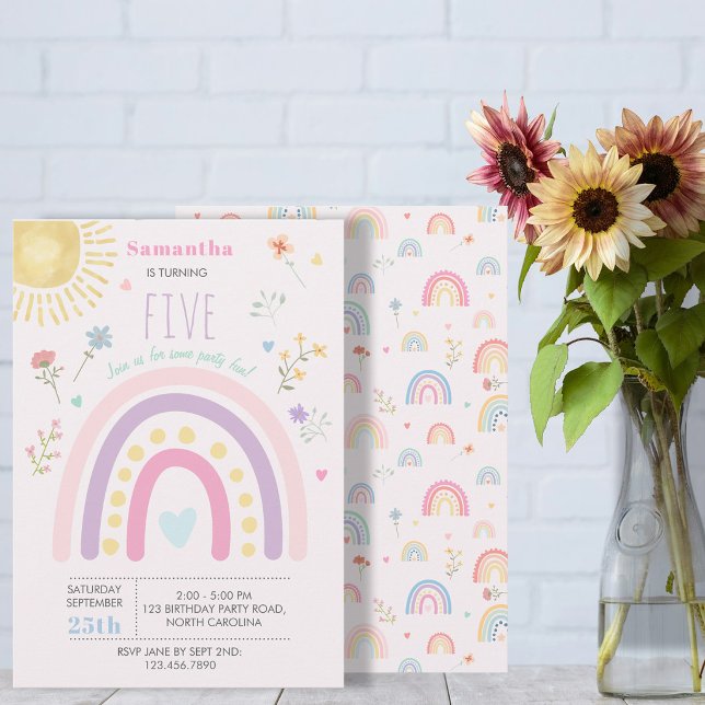 Pastell Regnbågar Girliga Vildblommor Hjärtan Föde Inbjudningar (Pastel Rainbows Girly Wildflowers Hearts Birthday Invitation)