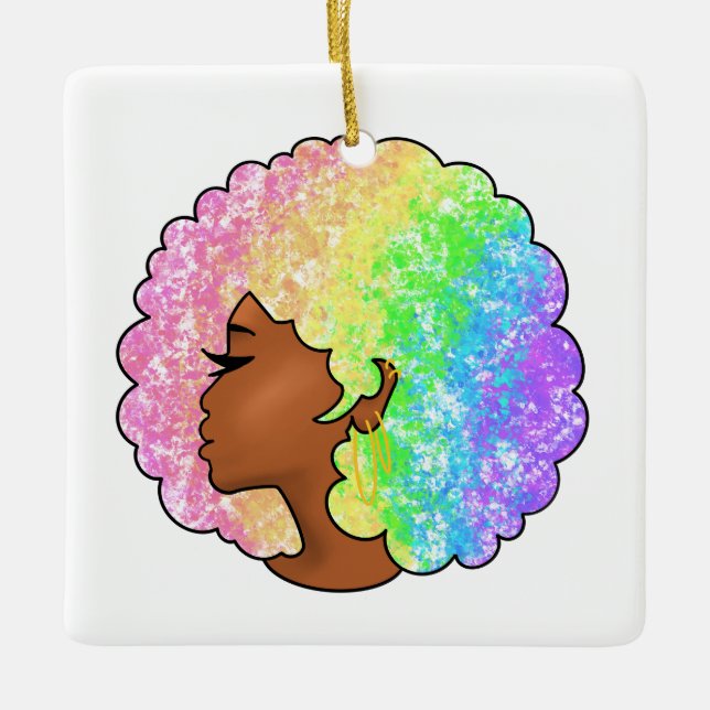 Pastell Regnbåge Afro Porträtt Groovy Retro Lockig Julgransprydnad Keramik (Framsida)