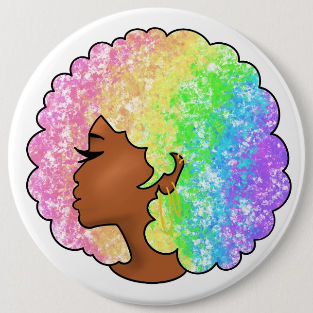 Pastell Regnbåge Afro Porträtt Groovy Retro Lockig Knapp (Framsida)