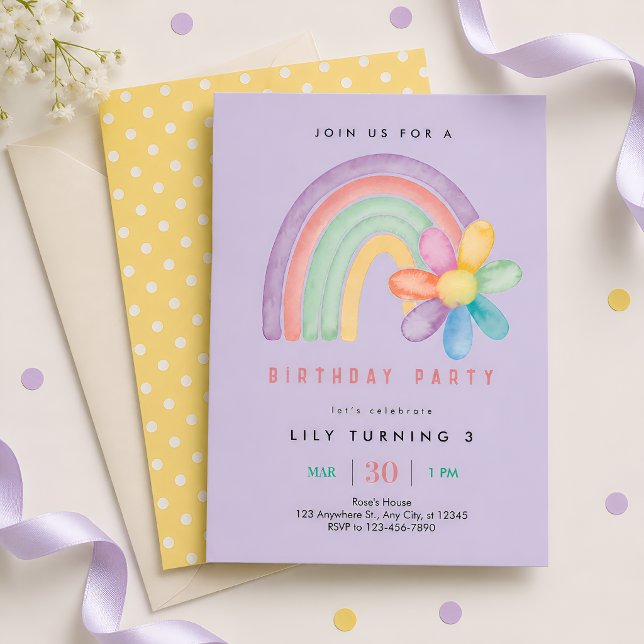 Pastell Regnbåge Blomma 3-års Födelsedag Inbjudningar (Skapare uppladdad)