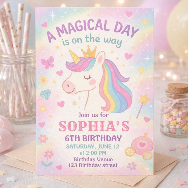 Pastell Regnbåge Enhörning Magisk Födelsedag Inbjudningar (Unicorn Party Invitation for Girl with Pastel Stars Hearts and Crown)