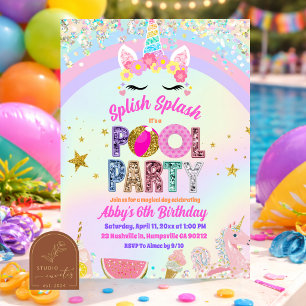 Pastell Regnbåge Enhörning Pool fest Inbjudan
