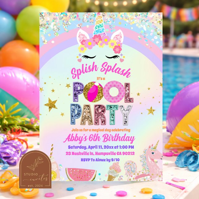Pastell Regnbåge Enhörning Pool fest Inbjudan (Skapare uppladdad)