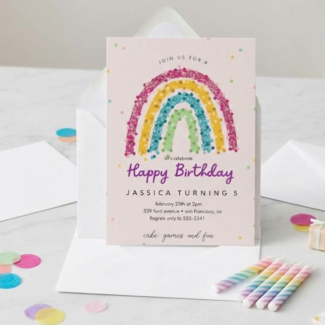 Pastell Regnbåge Glitter Barnkalas Inbjudningar (Skapare uppladdad)