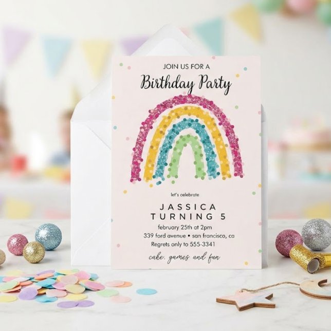 Pastell Regnbåge Glitter Barnkalas Inbjudningar (Skapare uppladdad)