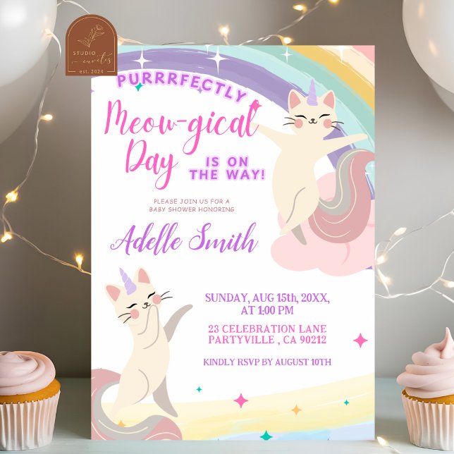 Pastell Regnbåge Katt Enhörning Baby Shower Inbjudningar (Skapare uppladdad)