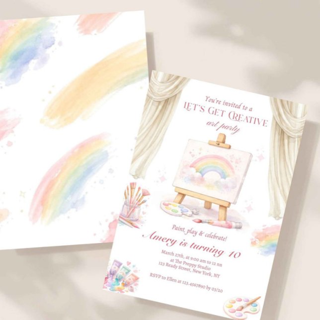 Pastell Regnbåge Kreativ Konst Fest Födelsedag Inbjudningar (art party invitation, painting birthday invite, kids art birthday party, pastel rainbow invite, crea)