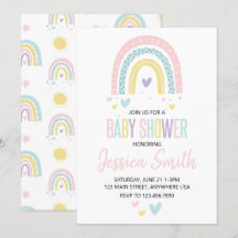 pastell regnbåge och hjärtan baby shower inbjudan