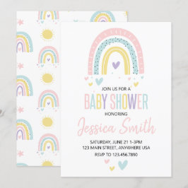 pastell regnbåge och hjärtan baby shower inbjudan